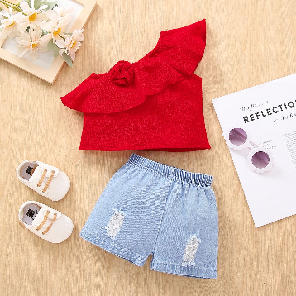 2pcs Baby Girl Solid One Shoulder Sleeveless Ruffle Top and 100% Cotton Ripped Denim Shorts Set Red