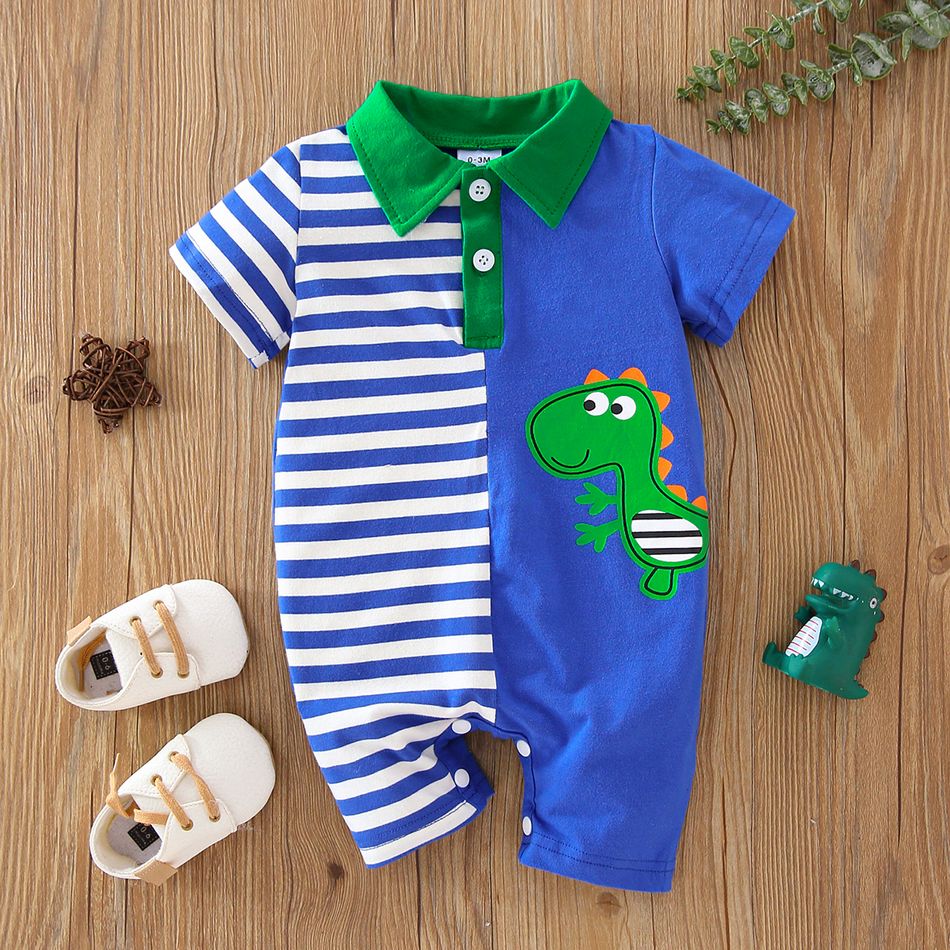 Baby Boy Cartoon Dinosaur Print Contrast Collar Striped Short-sleeve Romper Blue