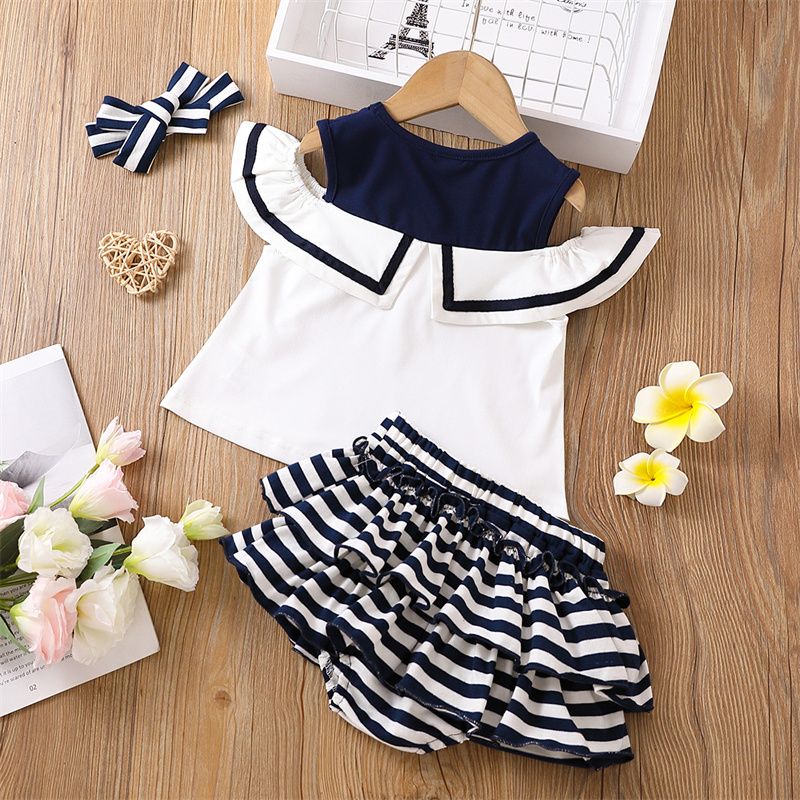 3pcs Baby Girl 95% Cotton Cold Shoulder Sleeveless Top and Layered Shorts with Headband Set White big image 2