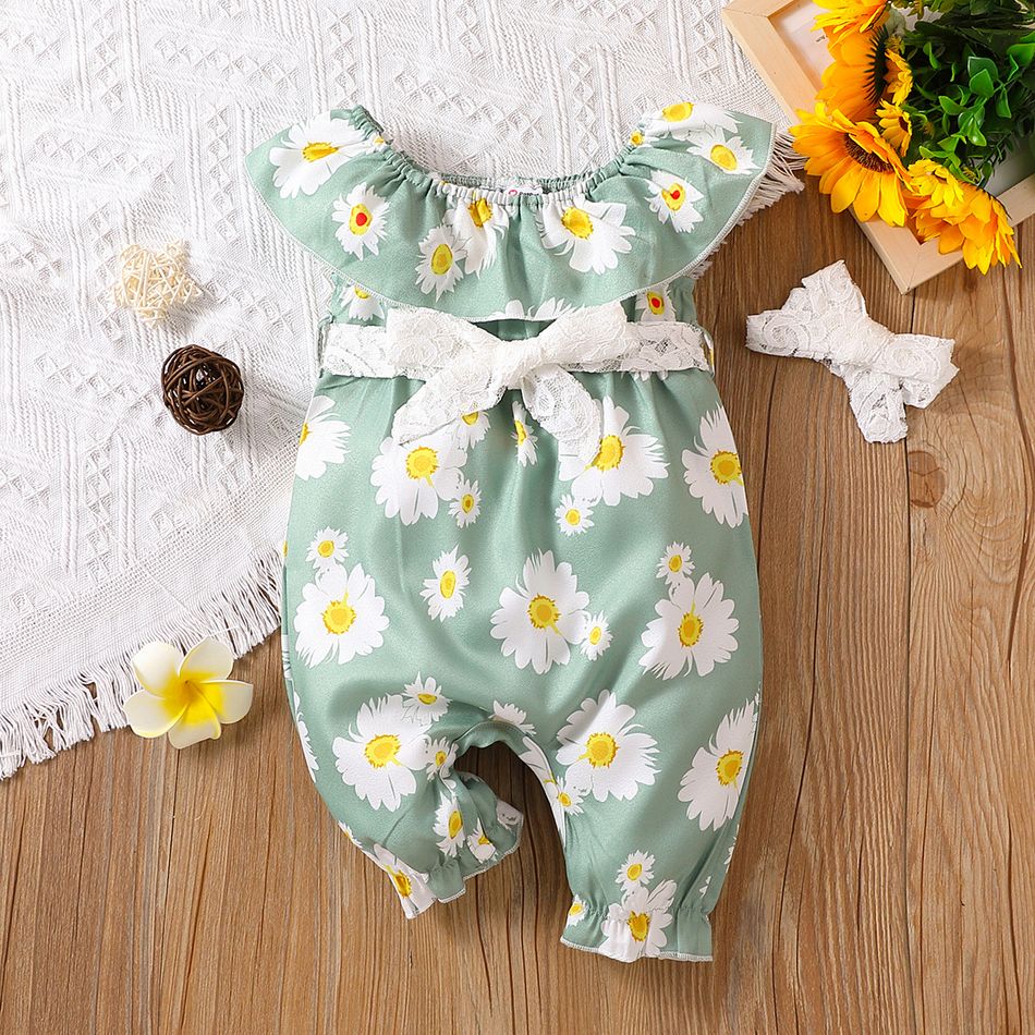 2pcs Baby Girl All Over Daisy Floral Print Ruffle Lace Belted Sleeveless Jumpsuit with Headband Set Green big image 1