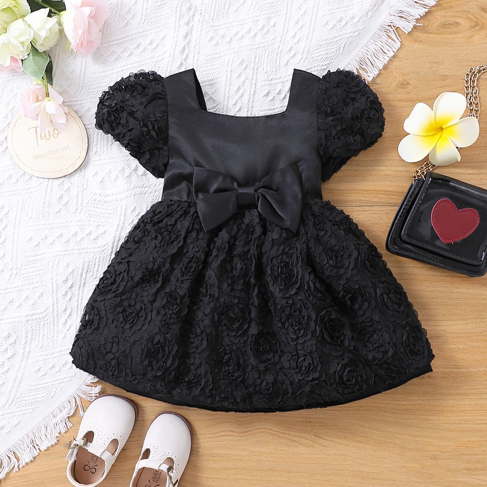 Baby Girl Black Floral Textured Puff-sleeve Bowknot Party Dress Black