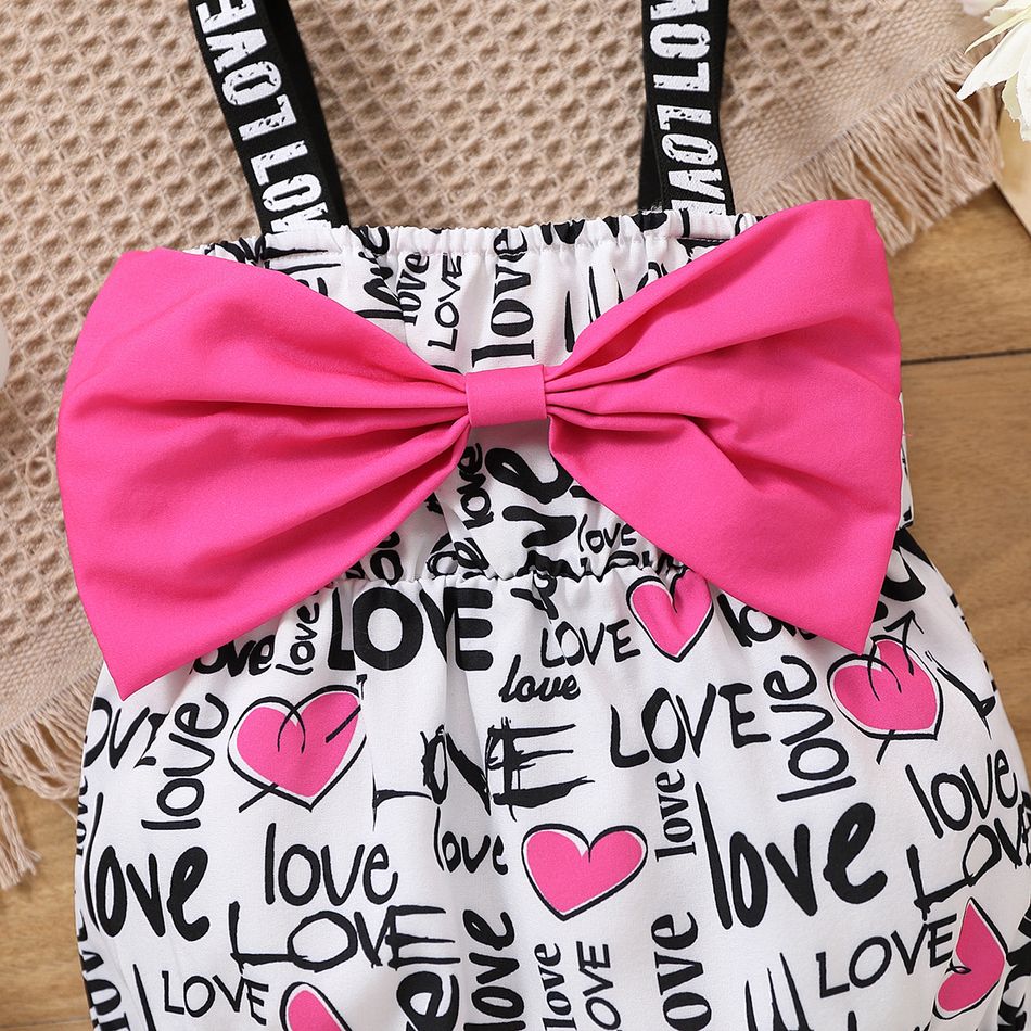 2pcs Baby Girl Bow Front Allover Love Heart & Letter Print Cami Romper with Headband Set White big image 4