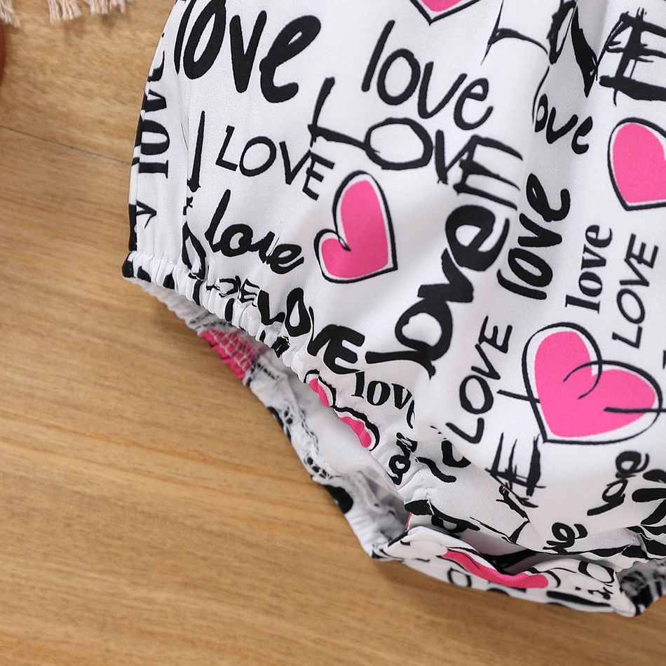 2pcs Baby Girl Bow Front Allover Love Heart & Letter Print Cami Romper with Headband Set White big image 5
