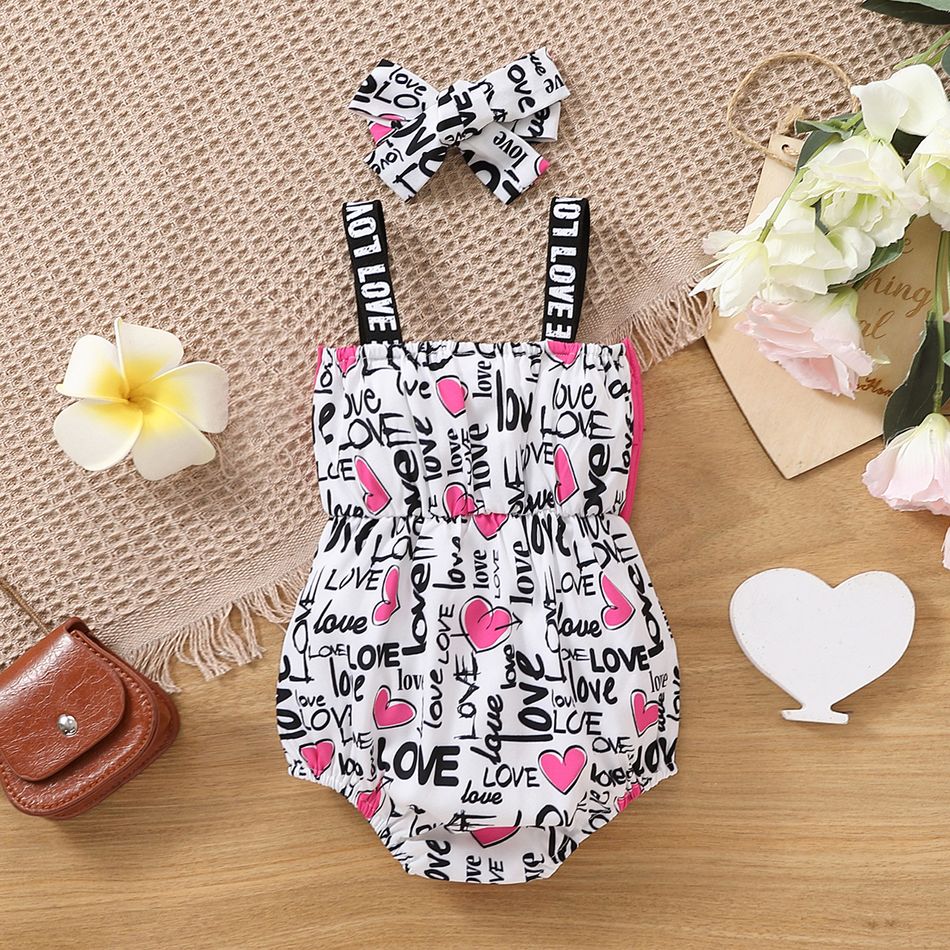 2pcs Baby Girl Bow Front Allover Love Heart & Letter Print Cami Romper with Headband Set White big image 2