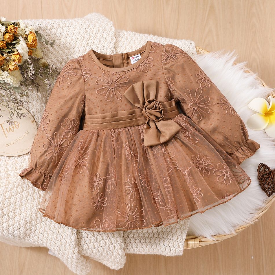 Baby Girl Brown Long-sleeve 3D Flower Decor Embroidered Mesh Party Dress Brown