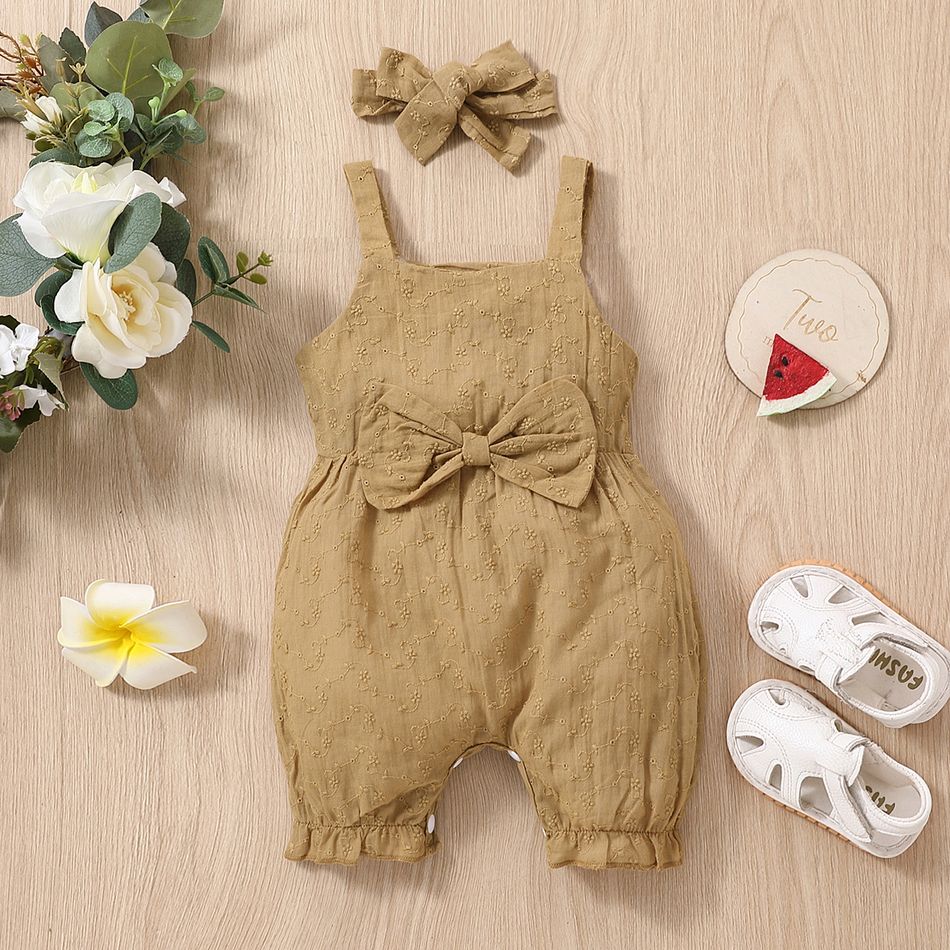 100% Cotton 2pcs Baby Girl Solid Floral Embroidered Sleeveless Spaghetti Strap Bowknot Jumpsuit with Headband Set Ginger