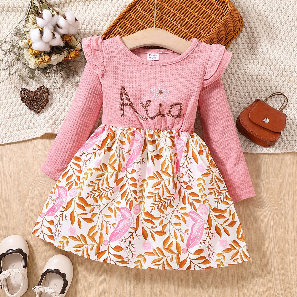Toddler Girl Floral Print Splice Ruffled Long-sleeve Dress Pink