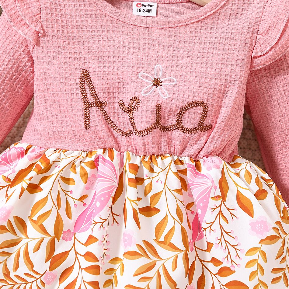 Toddler Girl Floral Print Splice Ruffled Long-sleeve Dress Pink big image 3