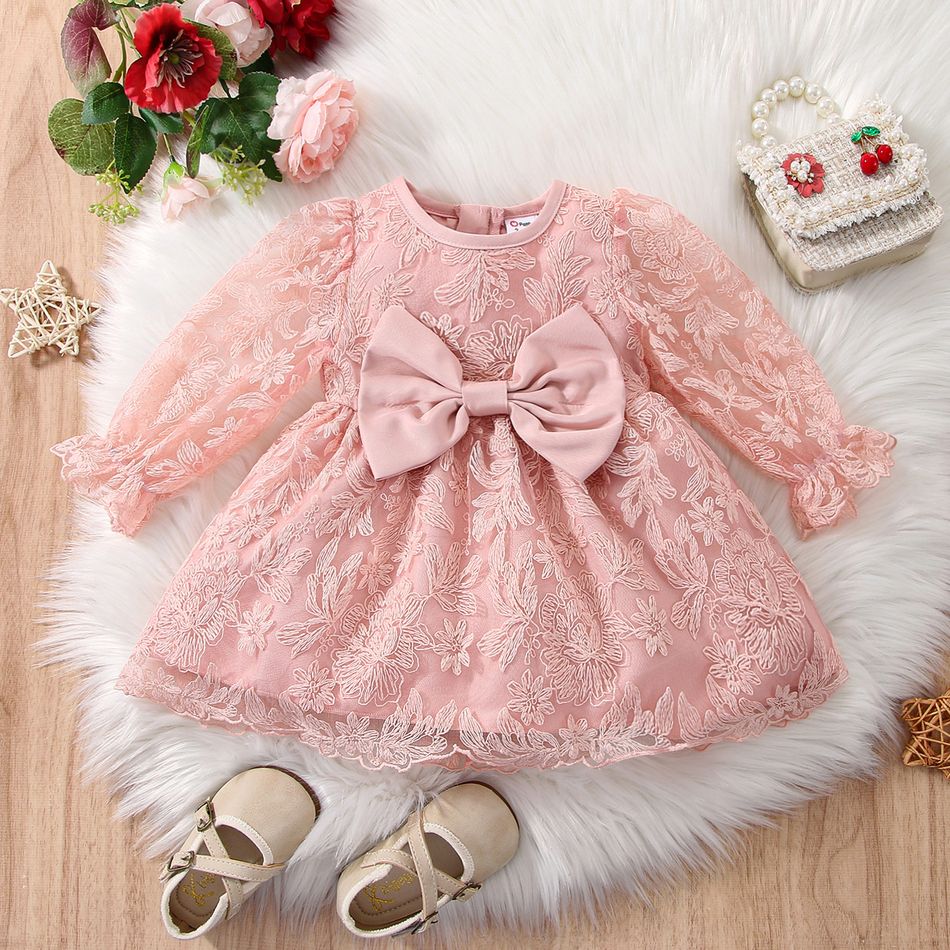 Baby Girl Bow Front Pink Lace Long-sleeve Party Dress Pink