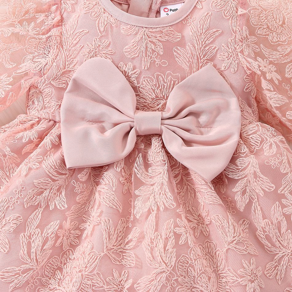 Baby Girl Bow Front Pink Lace Long-sleeve Party Dress Pink big image 4