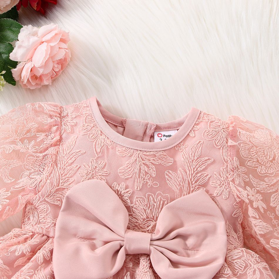 Baby Girl Bow Front Pink Lace Long-sleeve Party Dress Pink big image 3