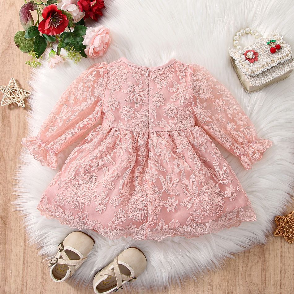 Baby Girl Bow Front Pink Lace Long-sleeve Party Dress Pink big image 2