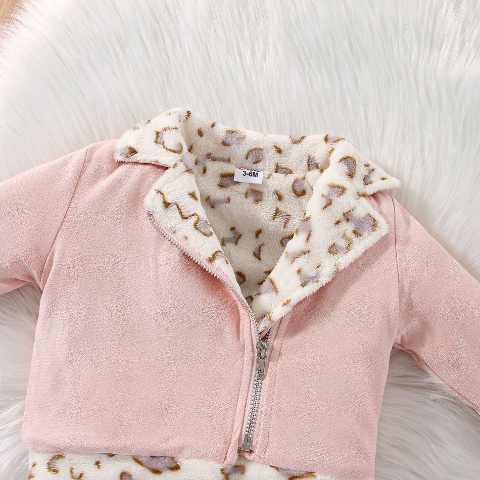 Baby Girl Leopard Print Thermal Lined Spliced Suede Lapel Collar Long-sleeve Zipper Jacket Pink big image 3