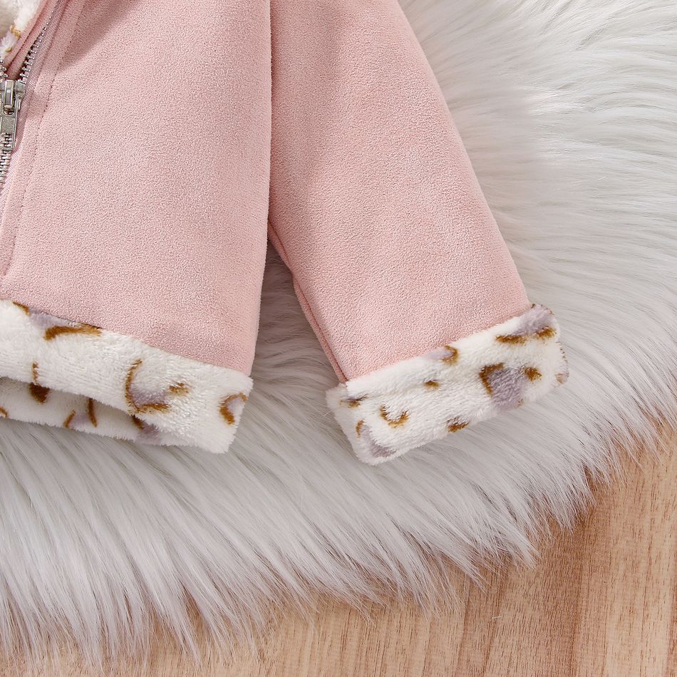 Baby Girl Leopard Print Thermal Lined Spliced Suede Lapel Collar Long-sleeve Zipper Jacket Pink big image 6