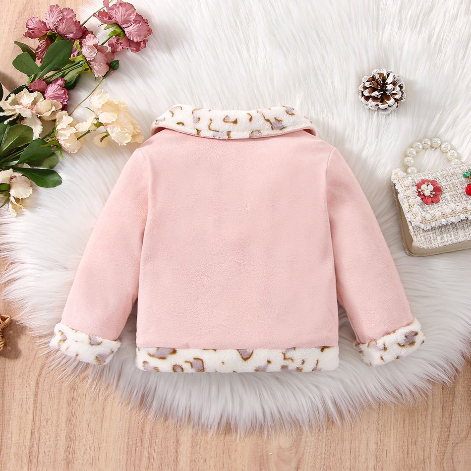 Baby Girl Leopard Print Thermal Lined Spliced Suede Lapel Collar Long-sleeve Zipper Jacket Pink big image 2