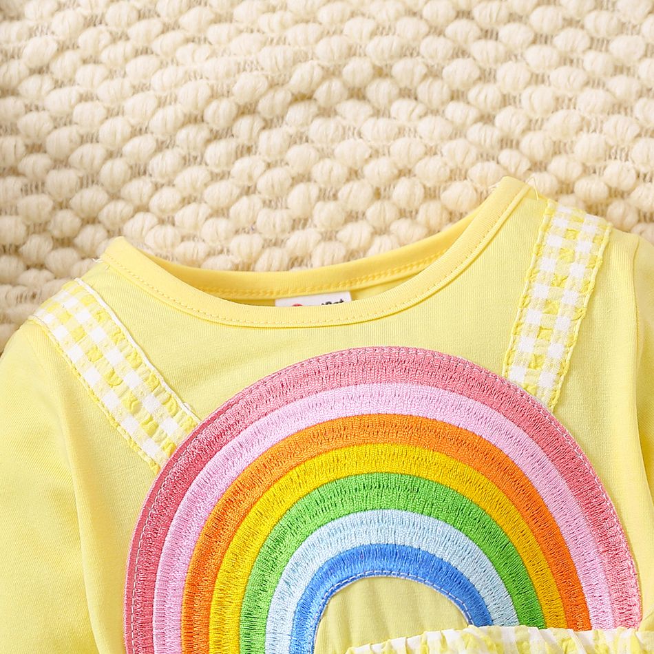 Baby Girl Rainbow Embroidered Long-sleeve Spliced Textured Gingham Romper Yellow