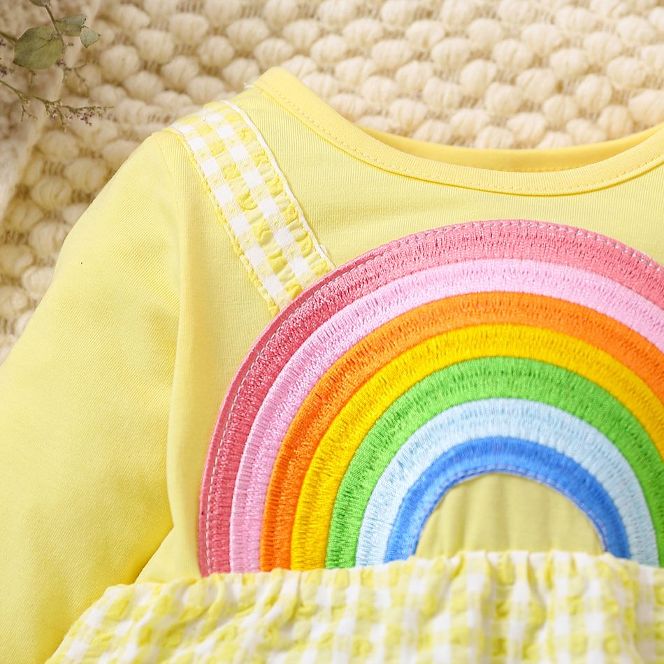Baby Girl Rainbow Embroidered Long-sleeve Spliced Textured Gingham Romper Yellow big image 3