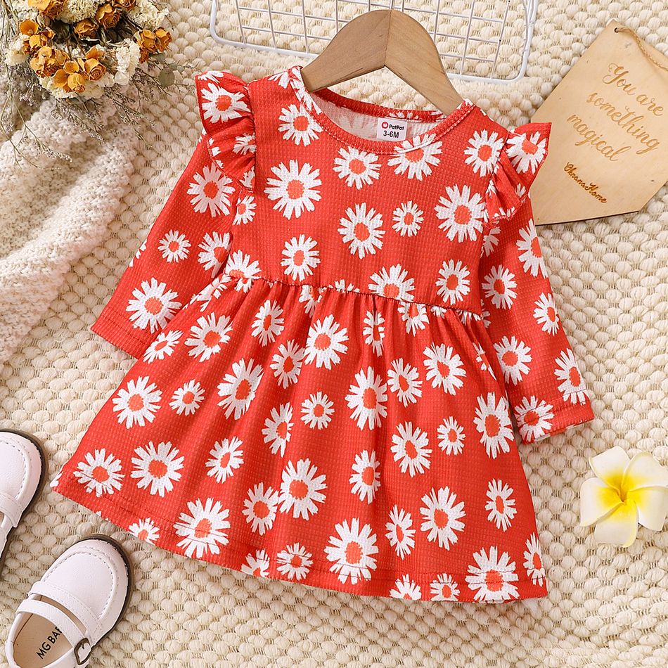 2-Pack Baby Girl Allover Floral Print Ruffle Long-sleeve Waffle Textured Dresses Set MultiColour big image 2