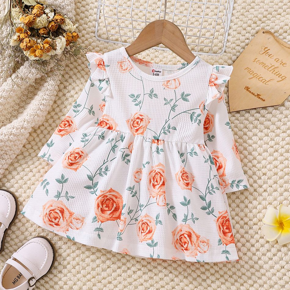 2-Pack Baby Girl Allover Floral Print Ruffle Long-sleeve Waffle Textured Dresses Set MultiColour big image 5
