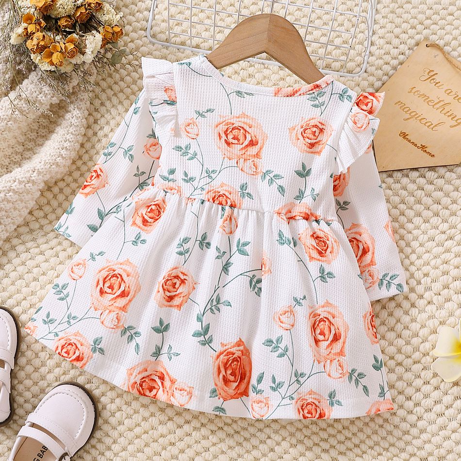 2-Pack Baby Girl Allover Floral Print Ruffle Long-sleeve Waffle Textured Dresses Set MultiColour