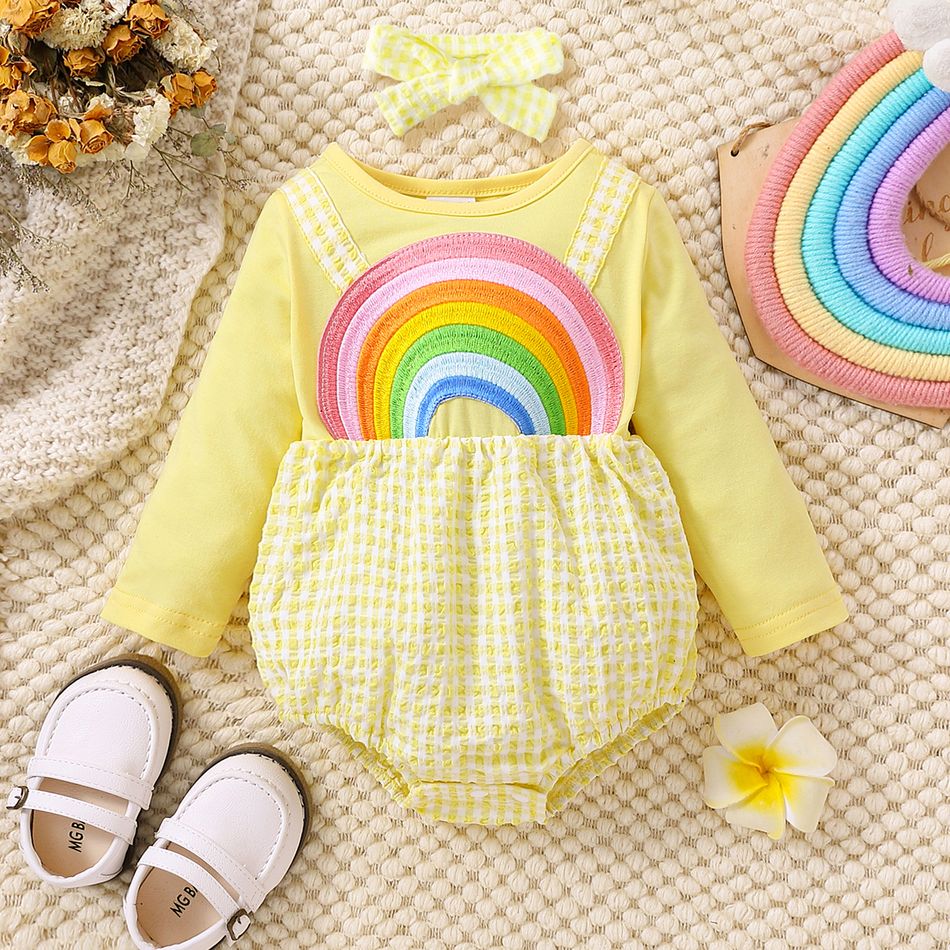 Baby Girl Rainbow Embroidered Long-sleeve Spliced Textured Gingham Romper Yellow