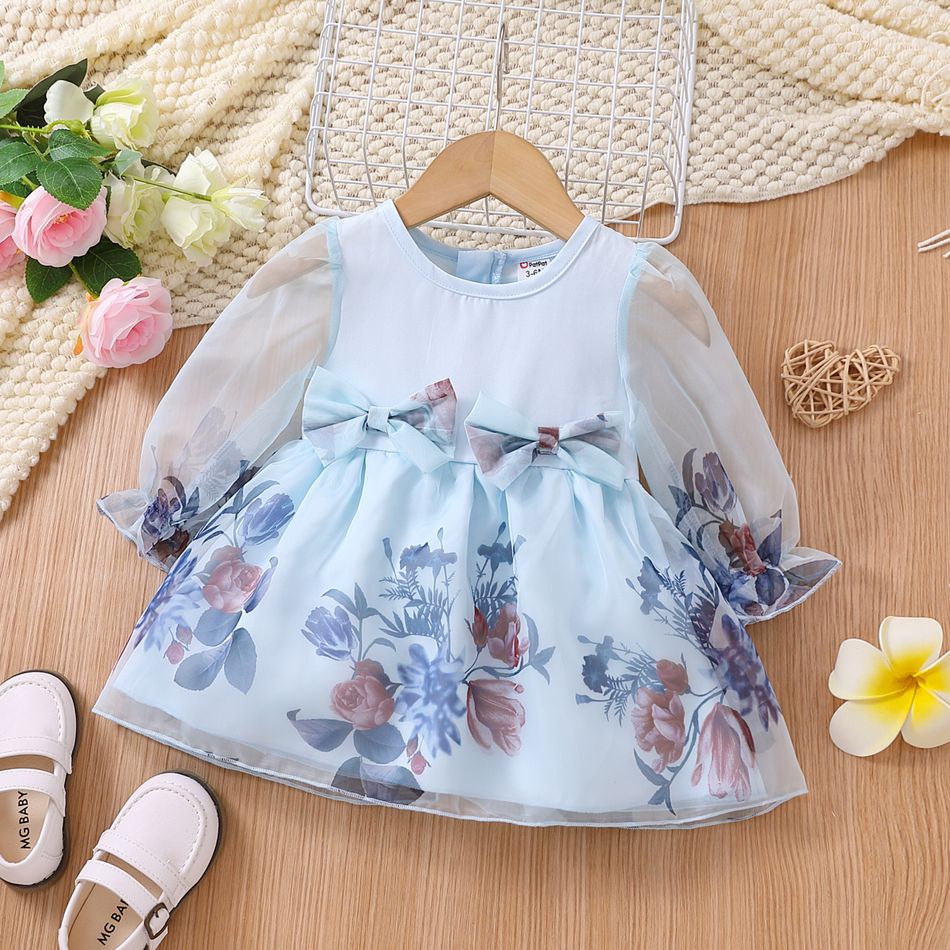 Baby Girl Floral Print Bow Front Blue Mesh Long-sleeve Party Dress Blue big image 1