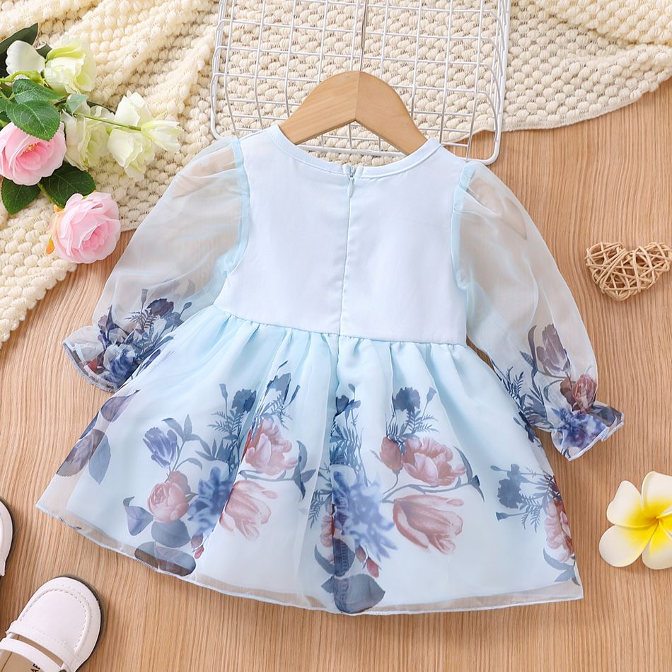Baby Girl Floral Print Bow Front Blue Mesh Long-sleeve Party Dress Blue big image 2