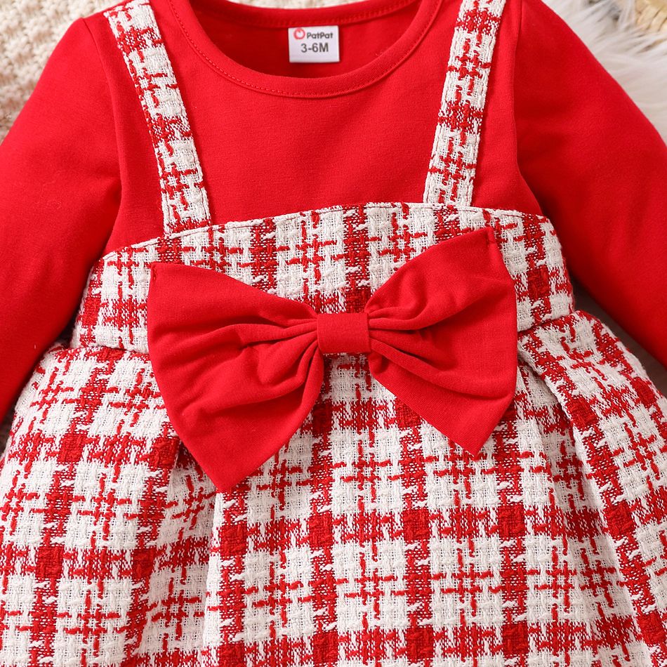 عيد الميلاد طفل رضيع القوس الأحمر الجبهة تويد تقسم فستان طويل الأكمام أحمر big image 4