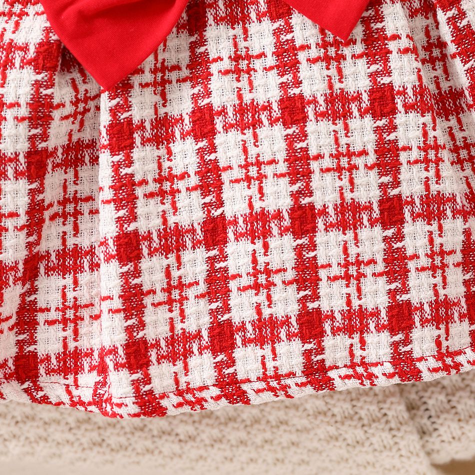 عيد الميلاد طفل رضيع القوس الأحمر الجبهة تويد تقسم فستان طويل الأكمام أحمر