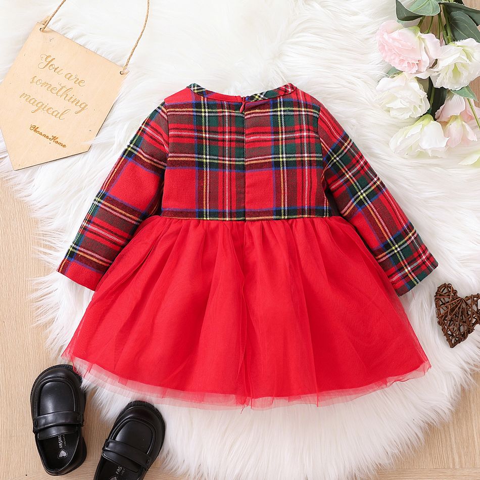 Baby Girl Red Plaid Long-sleeve Spliced Bow Front Mesh Party Dress Red big image 2