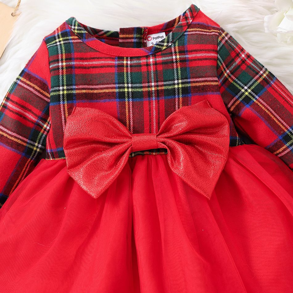 Baby Girl Red Plaid Long-sleeve Spliced Bow Front Mesh Party Dress Red big image 3