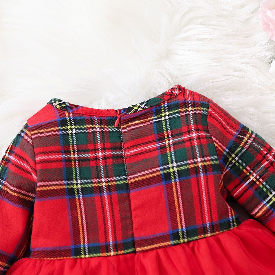 Baby Girl Red Plaid Long-sleeve Spliced Bow Front Mesh Party Dress Red big image 6
