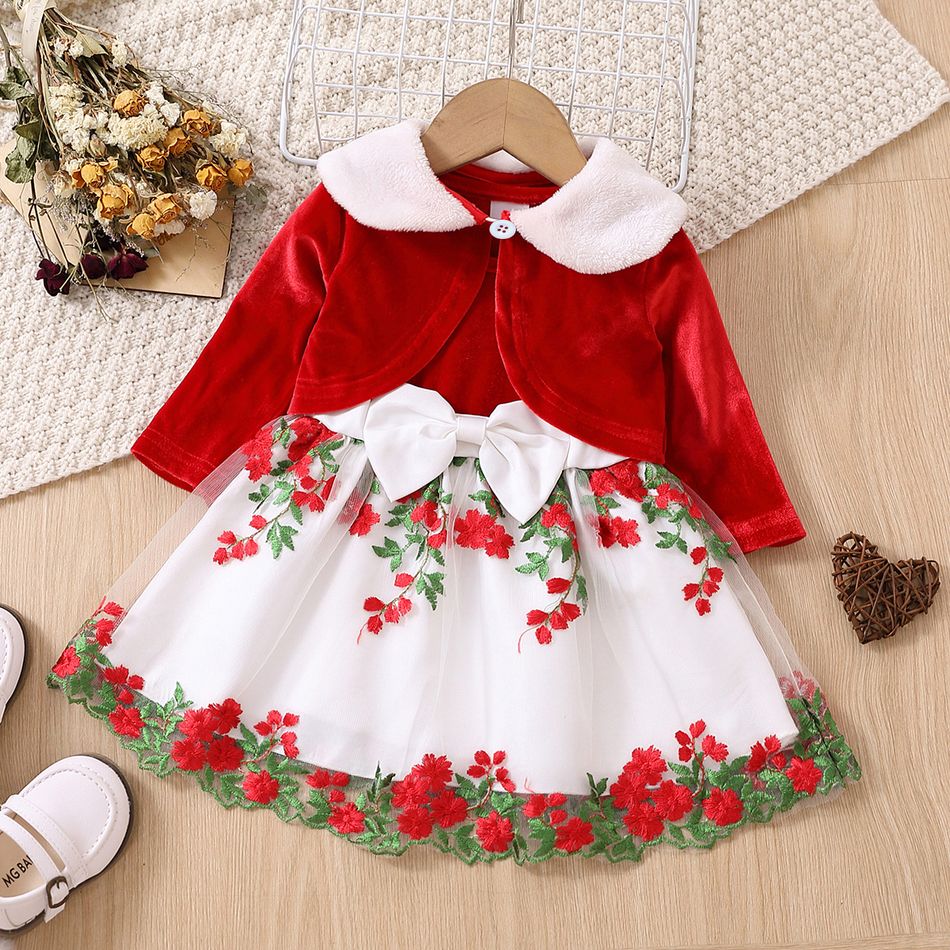 Christmas 2pcs Baby Girl Red Velvet Spliced Floral Embroidered Mesh Tank Dress and Cardigan Set Red big image 1