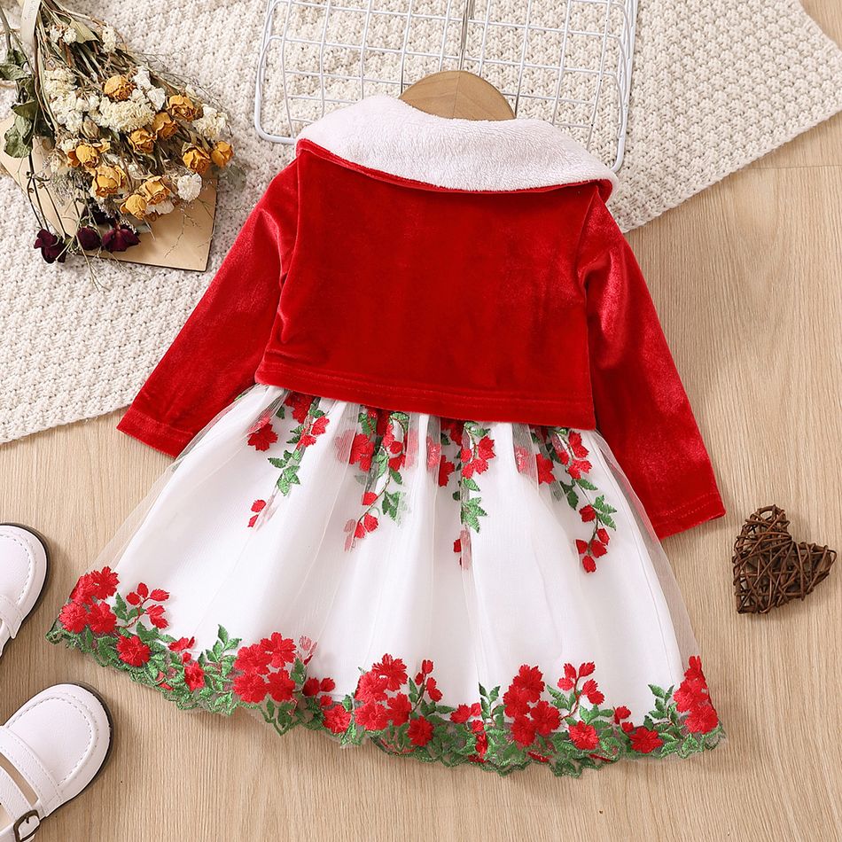 Christmas 2pcs Baby Girl Red Velvet Spliced Floral Embroidered Mesh Tank Dress and Cardigan Set Red big image 3