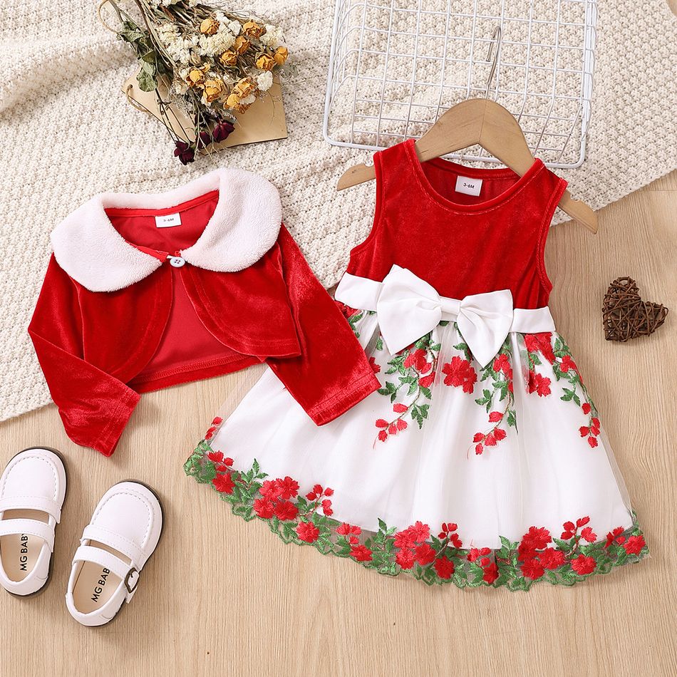Christmas 2pcs Baby Girl Red Velvet Spliced Floral Embroidered Mesh Tank Dress and Cardigan Set Red big image 2