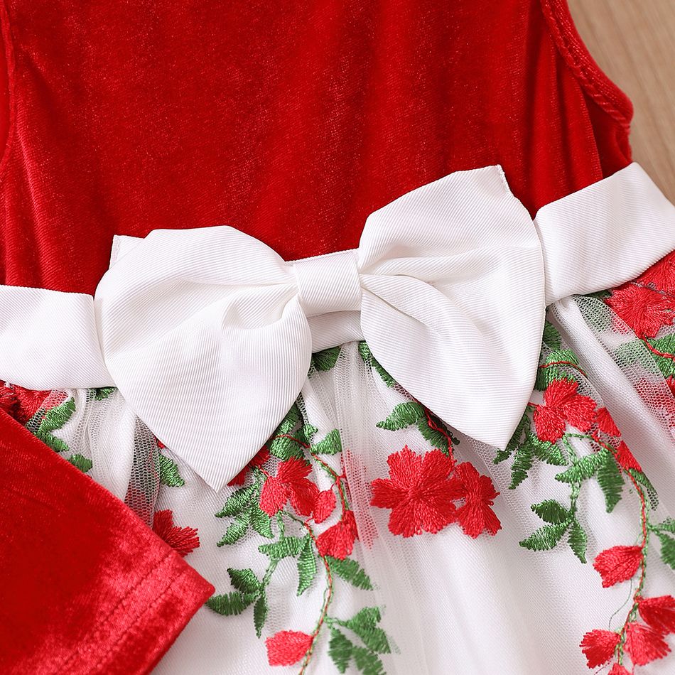 Christmas 2pcs Baby Girl Red Velvet Spliced Floral Embroidered Mesh Tank Dress and Cardigan Set Red big image 4