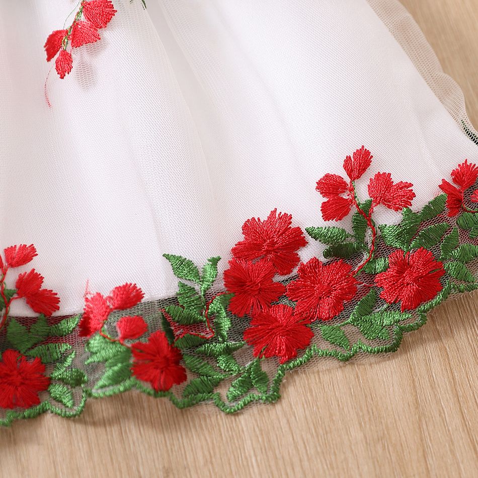 Christmas 2pcs Baby Girl Red Velvet Spliced Floral Embroidered Mesh Tank Dress and Cardigan Set Red big image 6