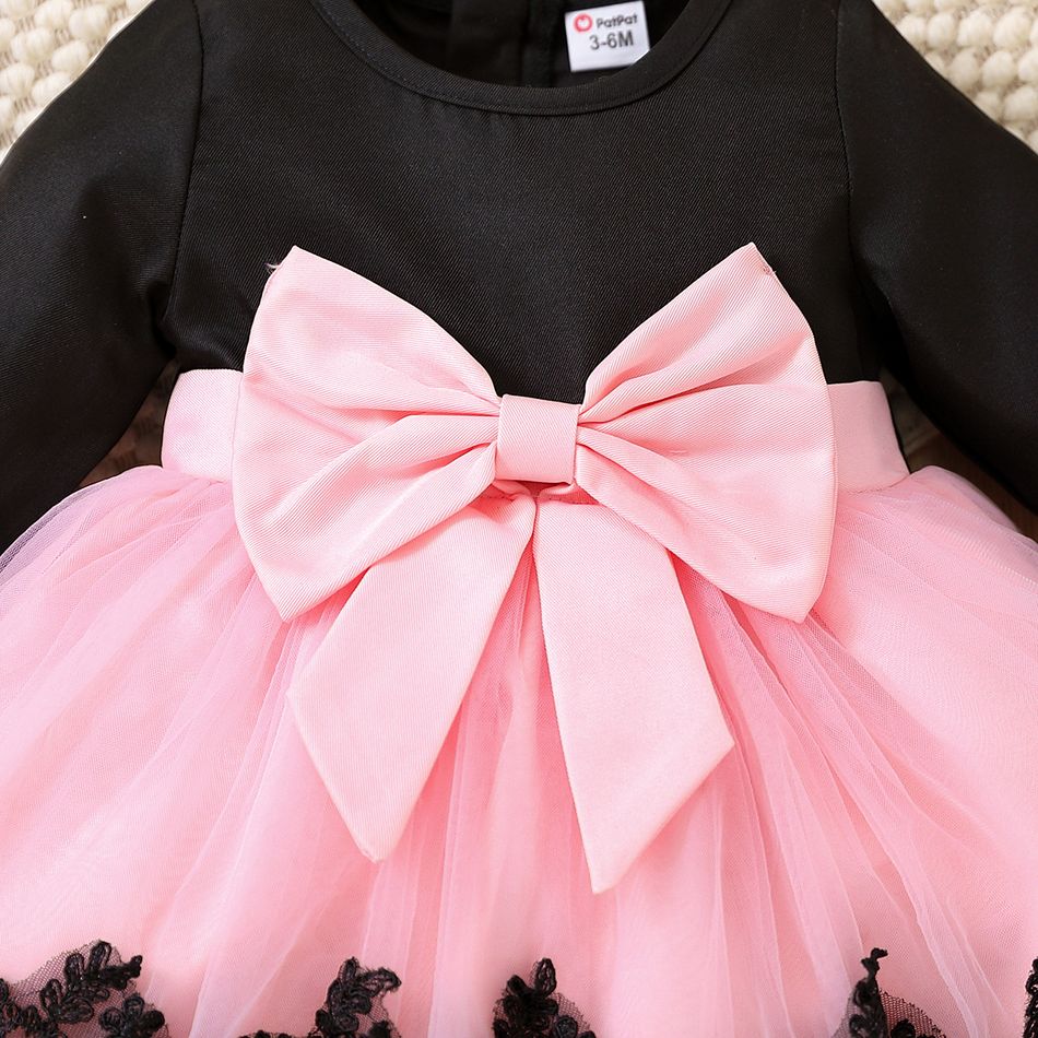 Baby Girl Long-sleeve Bowknot Lace Mesh Party Dress Black/Pink big image 4