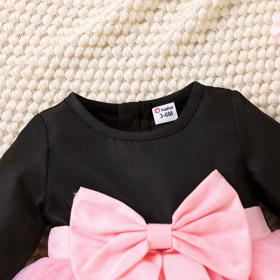 Baby Girl Long-sleeve Bowknot Lace Mesh Party Dress Black/Pink big image 3