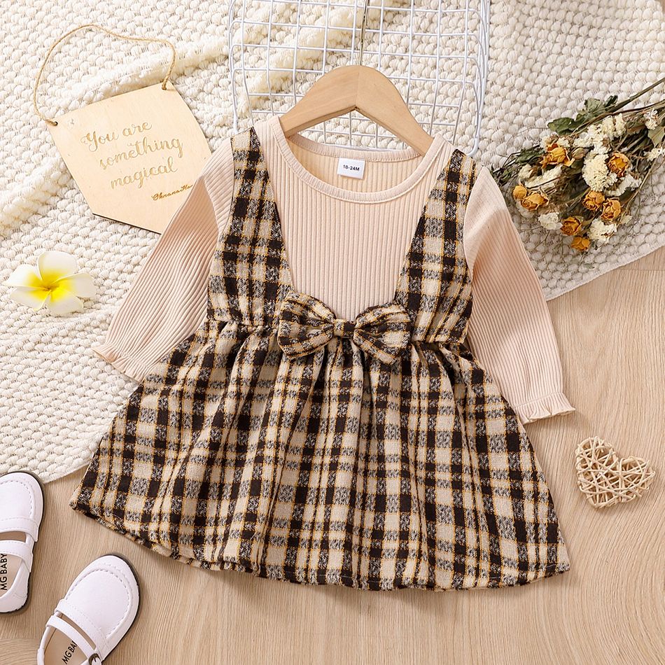 Toddler Girl Sweet Faux-two Plaid Splice Long-sleeve Dress Apricot brown big image 1
