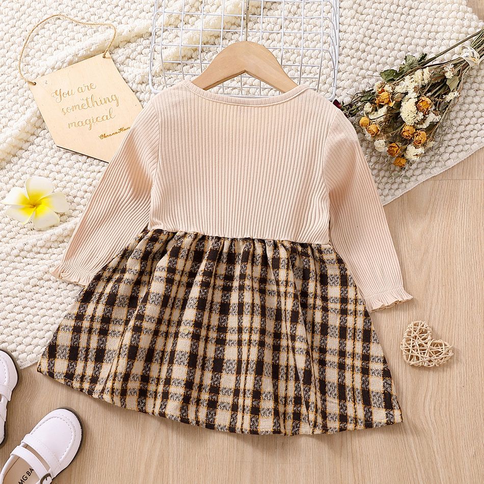 Toddler Girl Sweet Faux-two Plaid Splice Long-sleeve Dress Apricot brown big image 2