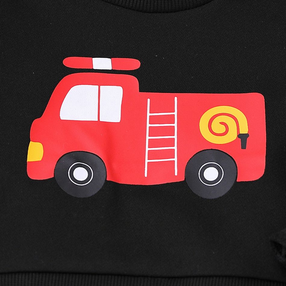 2pcs Toddler Boy Playful Denim Jeans and Faux-two Vehicle Print Sweatshirt Set Black big image 4