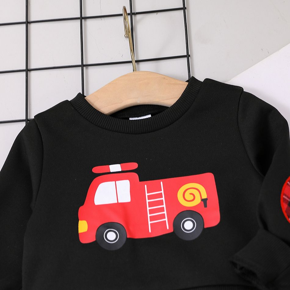 2pcs Toddler Boy Playful Denim Jeans and Faux-two Vehicle Print Sweatshirt Set Black big image 3