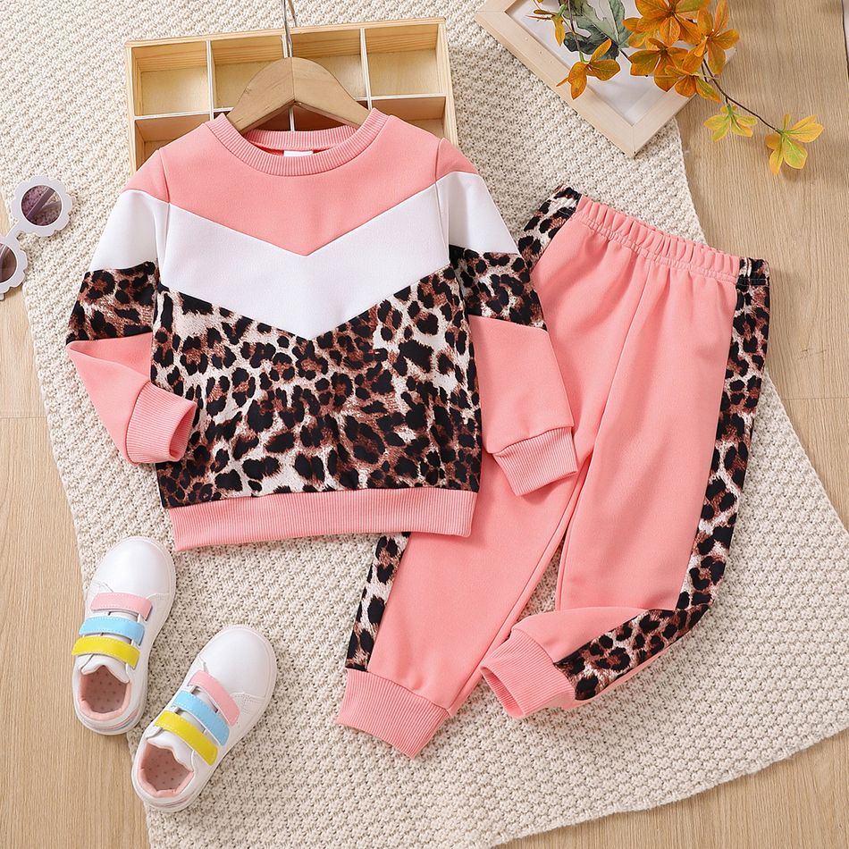 2pcs Toddler Girl Trendy Leopard Print Colorblock Sweatshirt and Pants Set Color block big image 1