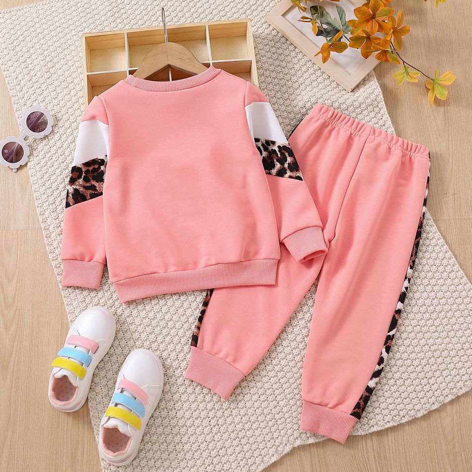 2pcs Toddler Girl Trendy Leopard Print Colorblock Sweatshirt and Pants Set Color block big image 2