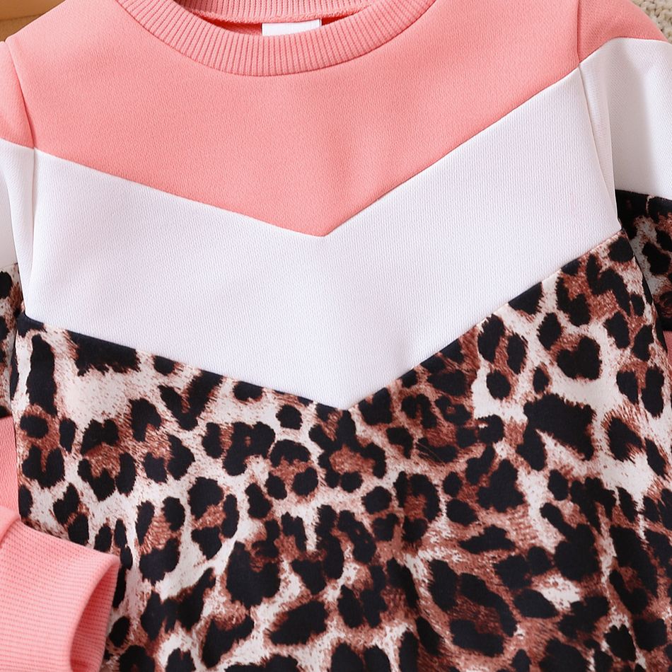 2pcs Toddler Girl Trendy Leopard Print Colorblock Sweatshirt and Pants Set Color block big image 3