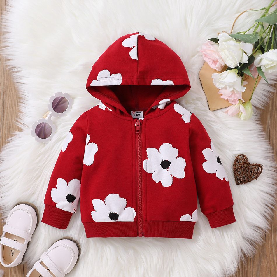 Baby Girl Allover Floral Print Long-sleeve Hooded Zipper Jacket Burgundy big image 1