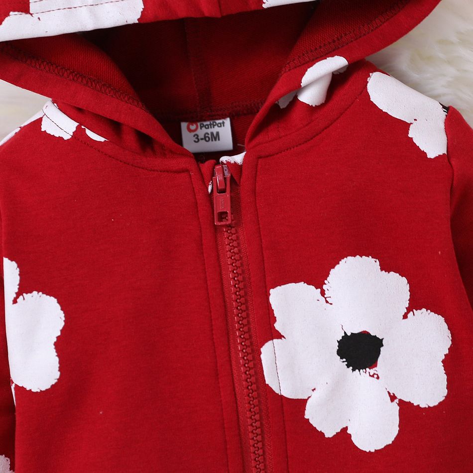 Baby Girl Allover Floral Print Long-sleeve Hooded Zipper Jacket Burgundy big image 4