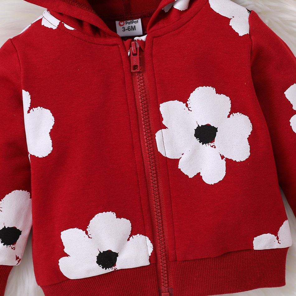 Baby Girl Allover Floral Print Long-sleeve Hooded Zipper Jacket Burgundy big image 5