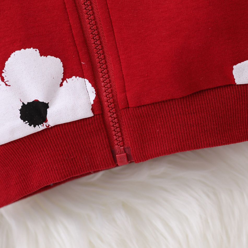 Baby Girl Allover Floral Print Long-sleeve Hooded Zipper Jacket Burgundy big image 6